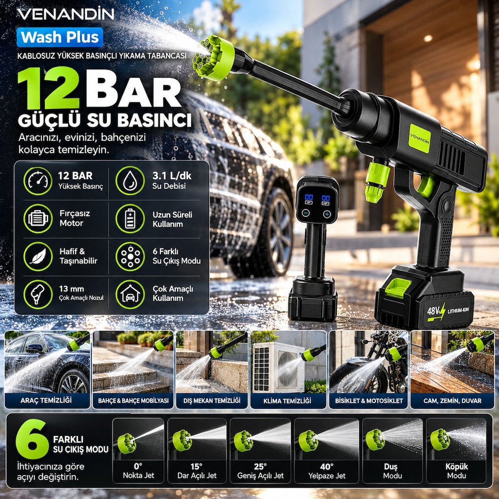 Kablosuz Basınçlı Yıkama Tabancası 12 Bar 150W