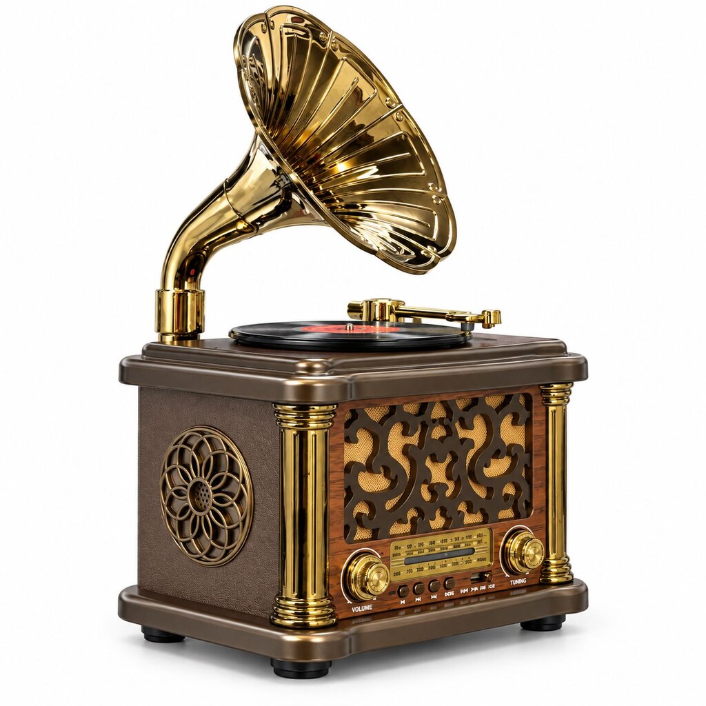 Büyük Boy Retro Gramofon Tasarımlı Bluetooth Hoparlör ve 3 Bant Radyo - 7