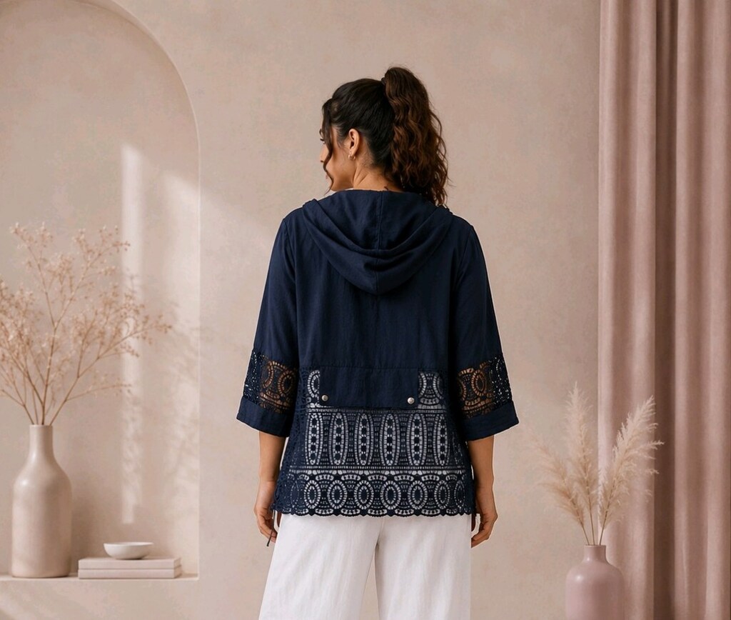 XL-2XL Lacivert Kapüşonlu Desenli Bohem Kadın Tunik - 3