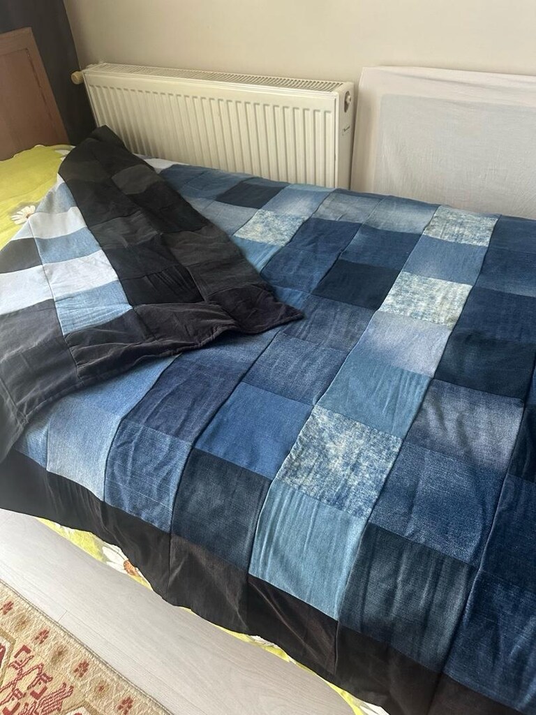 Paçwork tek kişilik yatak örtüsü 230-140 kot parçalardan el emeği - 7