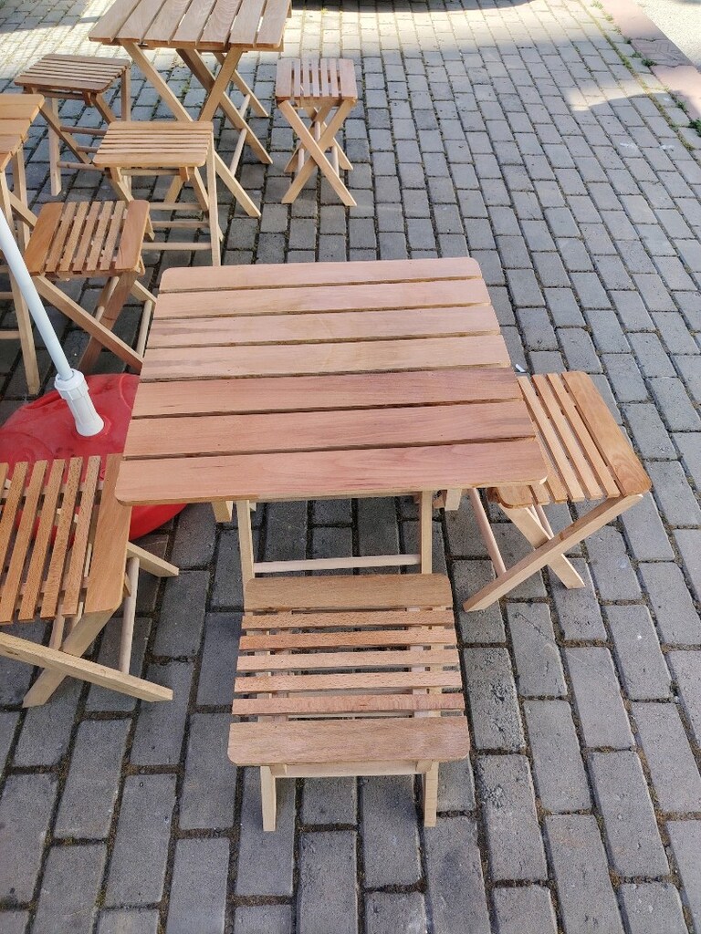 Ahşap gürgen Ağacından katlanır masa ve tabure takım vernikli - 3