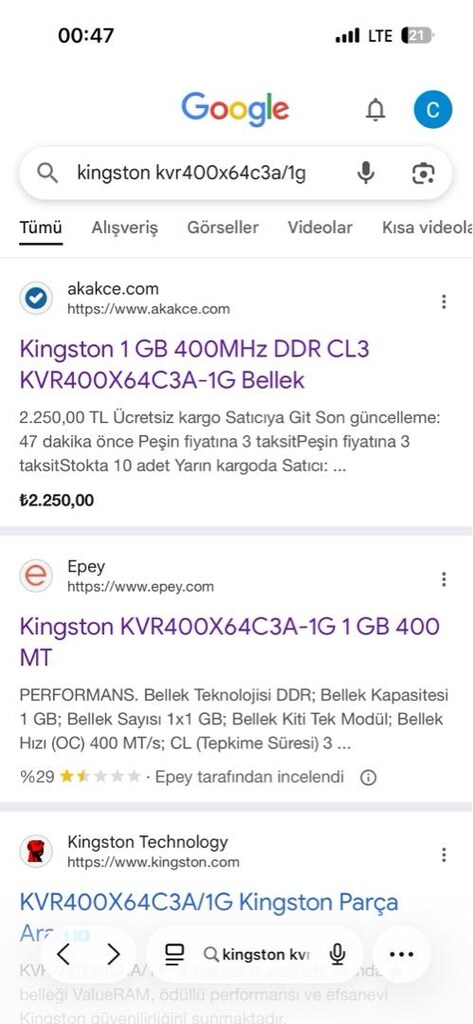 kingayon kvr400x64c3a/1g ram - 4