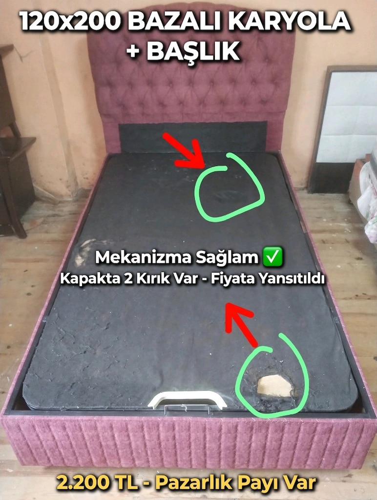 120x200x38.5 cm Bazalı Karyola + Kapitoneli Başlık