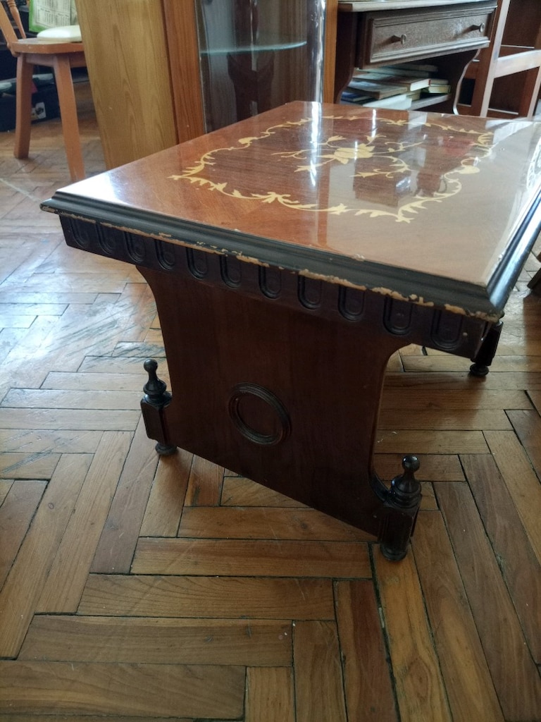 Vintage Kakmalı Ahşap Kare Yan Sehpa / Marküteri Çiçek Motifli Fiskos - 3