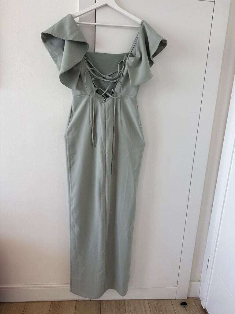 Mint volanlı uzun abiye elbise - 3