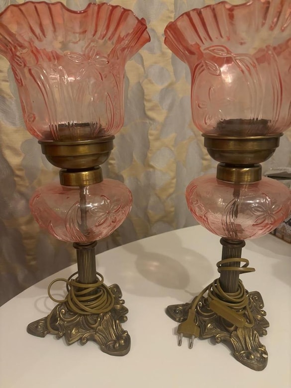antik pembe cam oymalı , prinç konsol lambası - 2