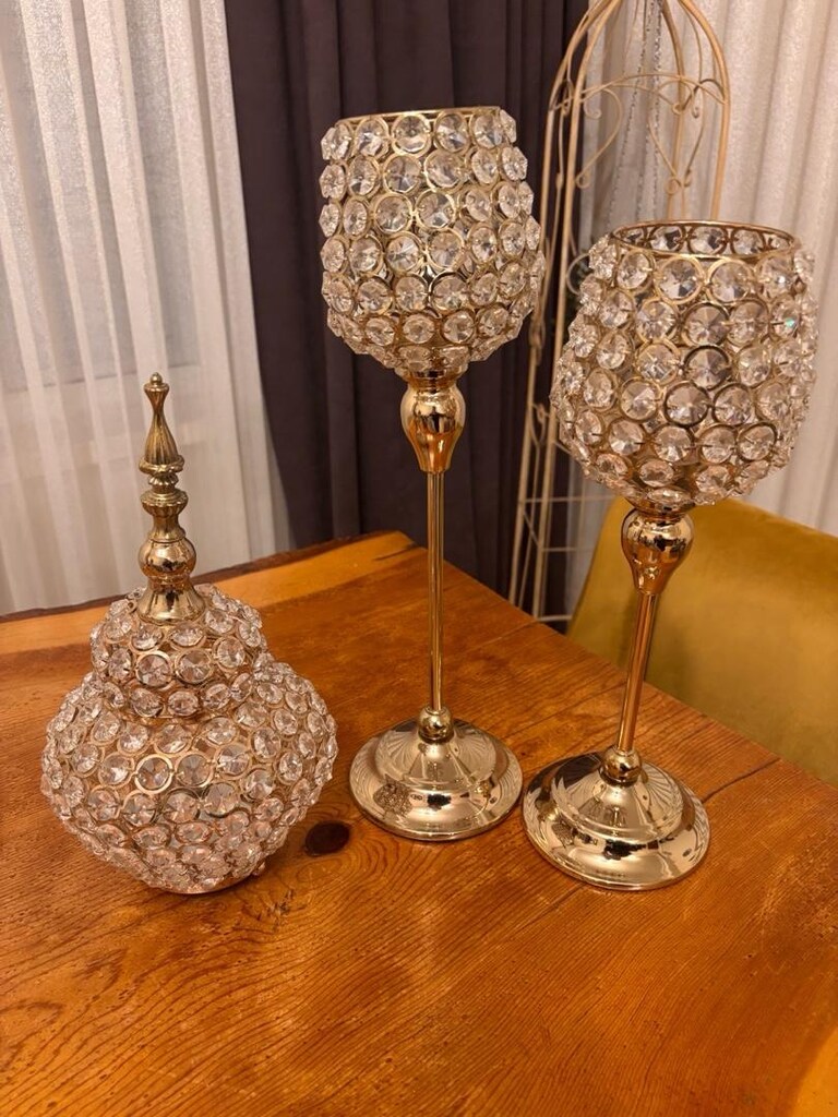 Kristal taş gold renk üçlü mumluk - 3