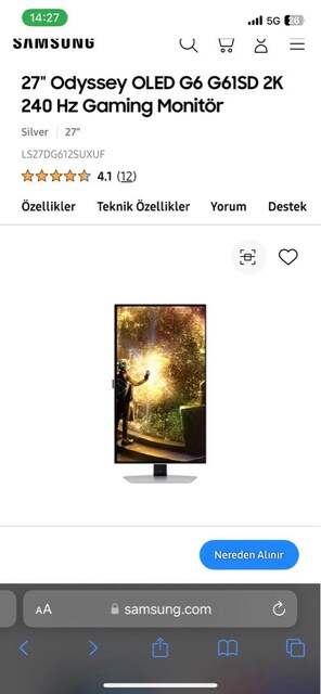27" Odyssey OLED G6 G61SD 2K 240 Hz Gaming Monitör