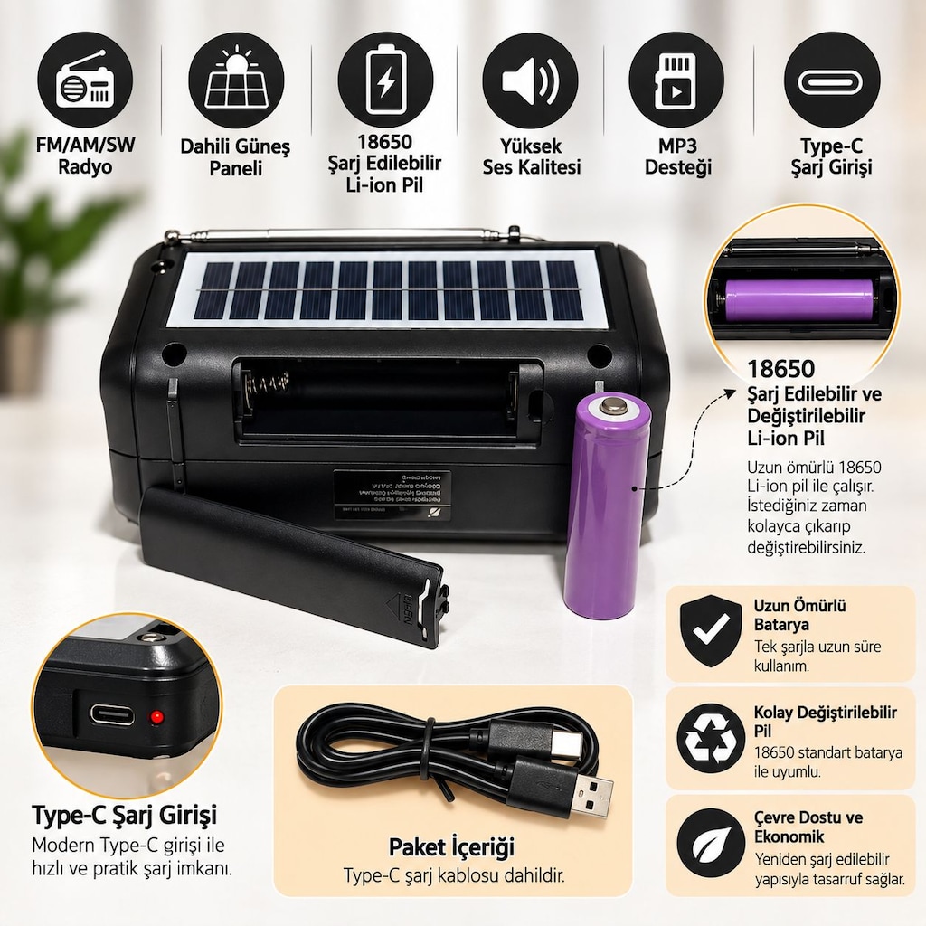 KTF-1448 Şarjlı Bluetooth Dünya Radyosu 8 Bant 10 LED Fenerli Radyo - 7