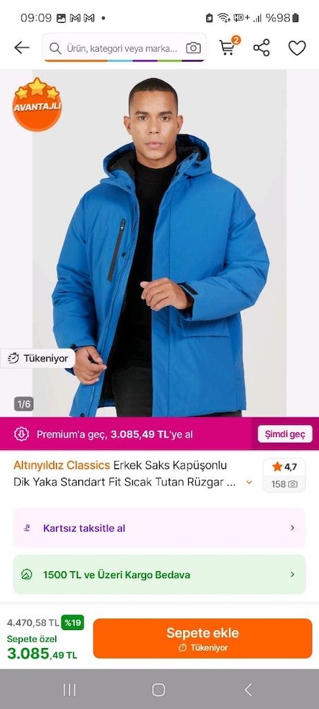 Altınyıldız Classics.saks mavi kapüşonlu erkek mont