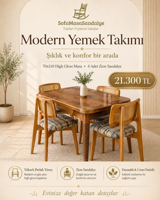 70x110 High Gloss Masa Takımı – 4 Zion Sandalye