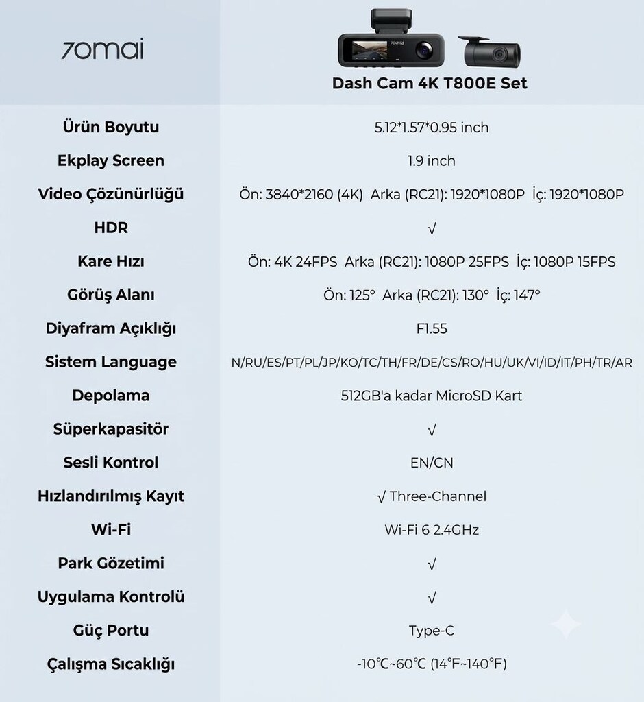 70mai T800E 3 Kanallı Ön Arka İç Mekan Kamera + UP03 Park Modu Kiti - 12