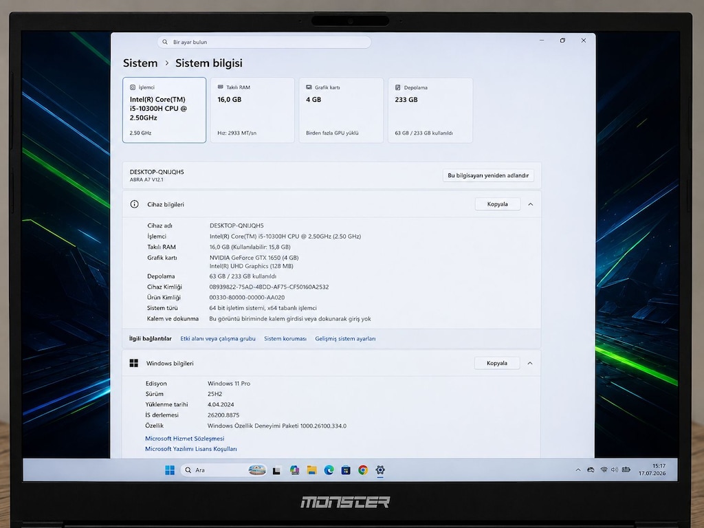 Monster Abra A7 | i5-10300H | GTX1650 | 16GB 120Hz Oyuncu Laptop - 3