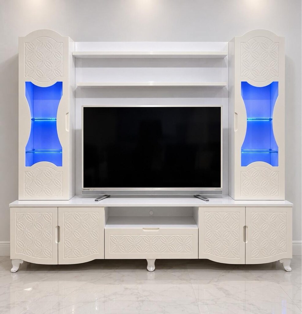 Beyaz Ledli TV Ünitesi – Vitrinli ve Raflı - 6