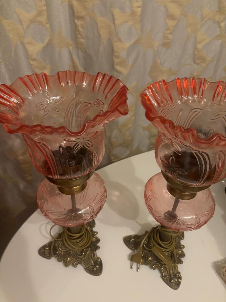 antik pembe cam oymalı , prinç konsol lambası - 3