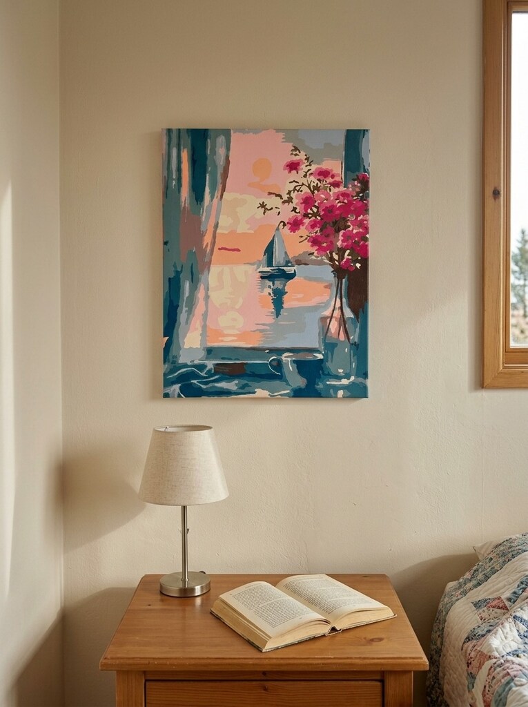 40x50 cm Çerçevesiz Yelkenli ve Çiçek Kanvas Tablo - 4