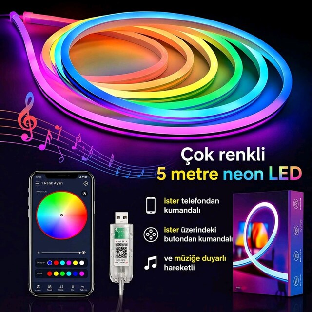 5 metre çok renkli neon led ister telefondan kontrol ister üzerindeki