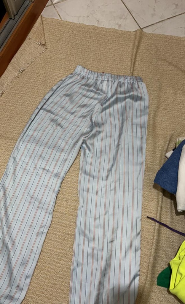 Çizgili saten mavi Pijama - 5