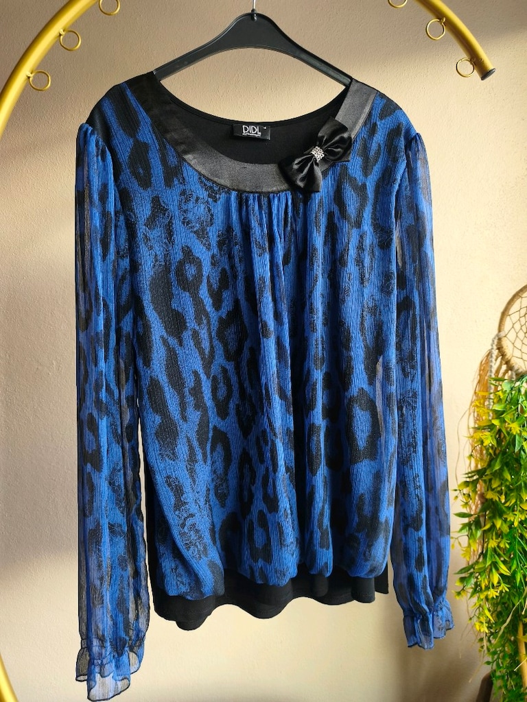 Saks Mavi Leopar Desenli Tül Detaylı Bluz 48 Beden - 3