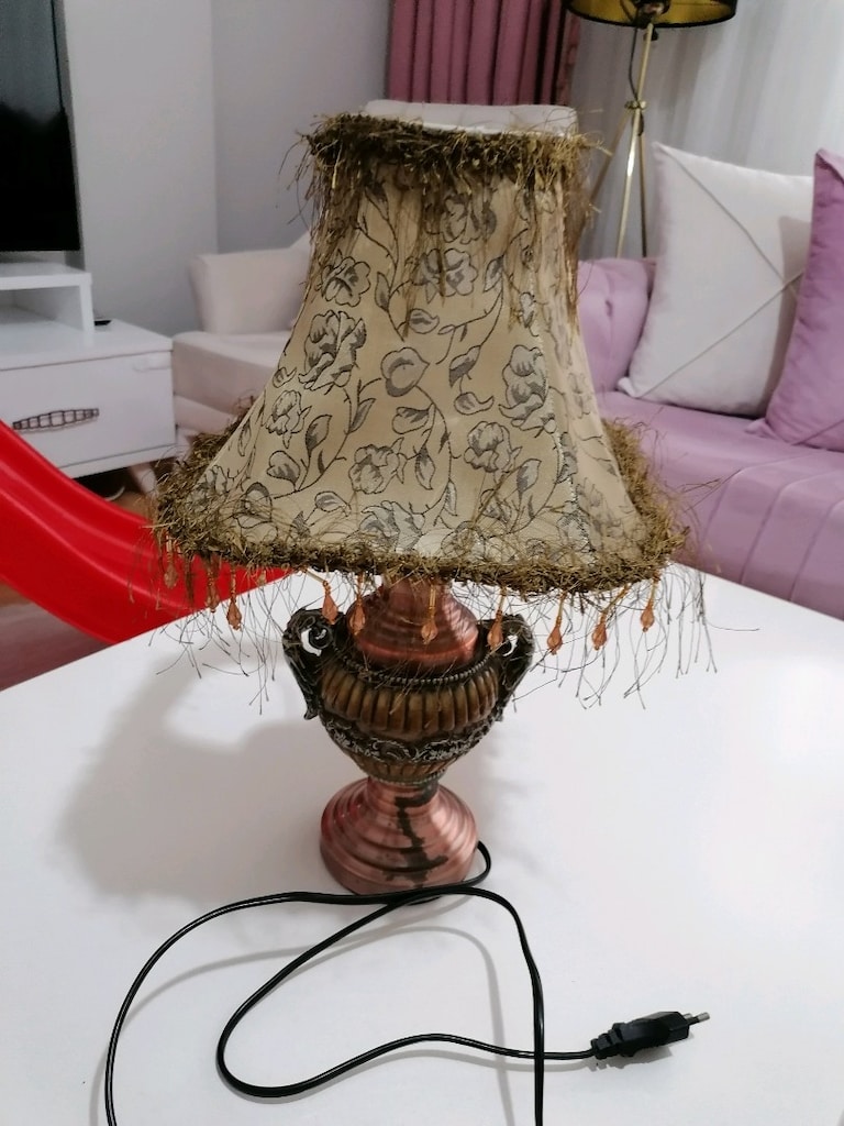 Vintage Retro Tarz Püsküllü Kumaş Bakır renk Dekoratif Abajur - 3