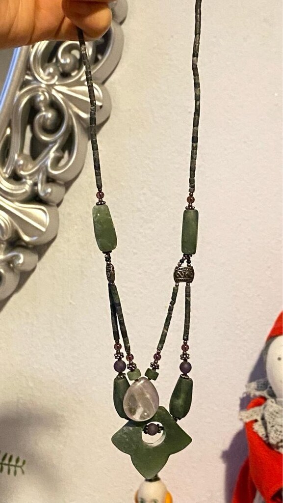 Vintage El Yapımı Yeşim Taşı & Pembe Kuvars Kolye - 7