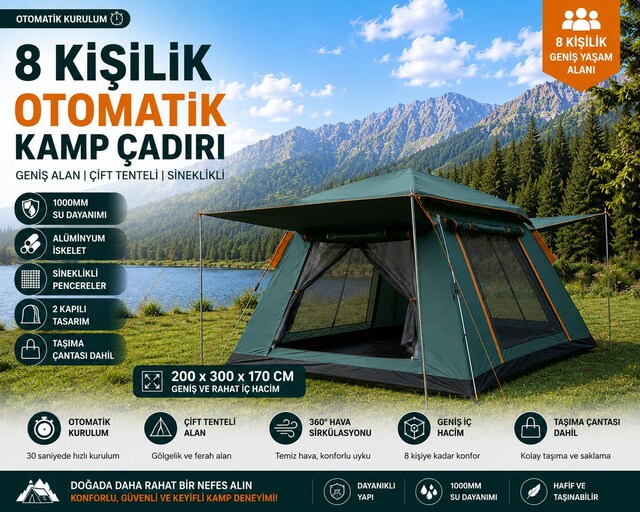 8 Kişilik Otomatik Açılır Kamp Çift Tenteli Sineklikli Çadırı