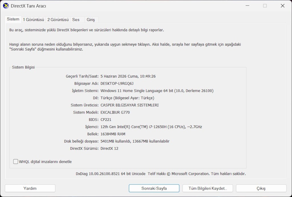 CASPER EXCALİBUR G770 İ7-12650H 16 RAM 512 SSD RTX 3050 144 HZ - 9
