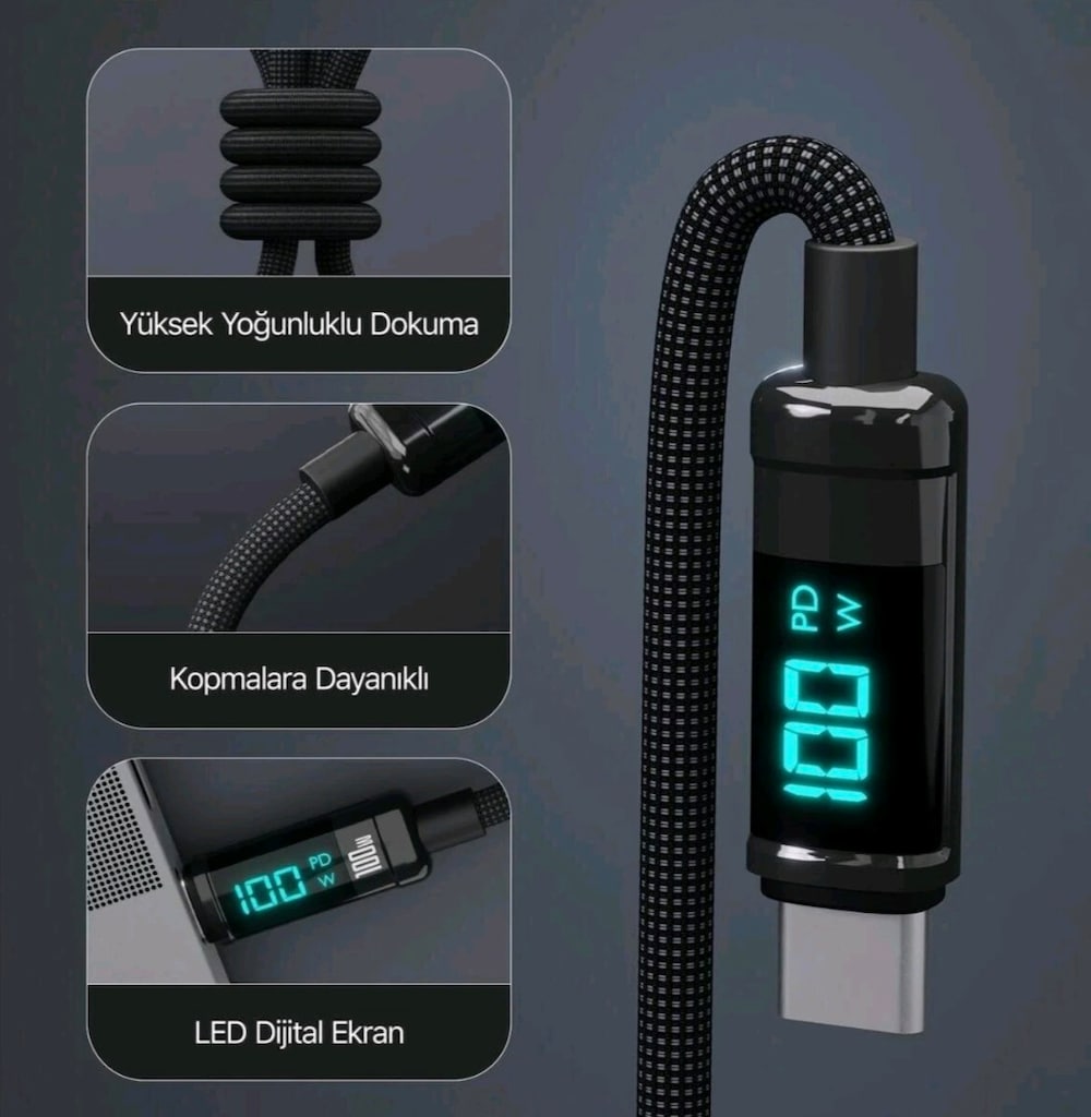Bix Type-c To Type-c 100w 480mbps E-marker Çipli Led Dijital Ekranlı - 3