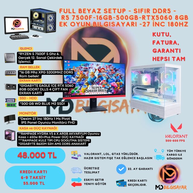 SIFIR DDR5 - R5 7500F-16GB-500GB-RTX5060 8GB-27 İnc 180Hz Monitör