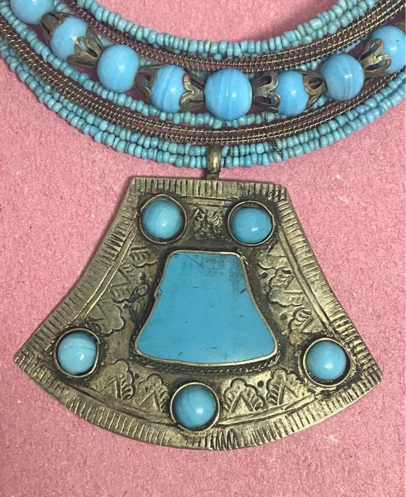 Vintage El İşçiliği Mavi Cam Boncuklu Choker ( Tasma ) Kolye - 13