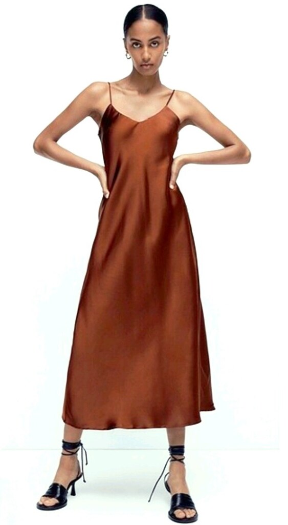 KAHVE TABA İP ASKILI SATEN MİDİ ELBİSE S zara mango koton - 9