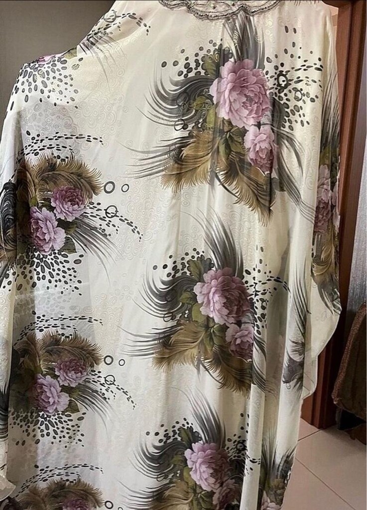 Ekru Taşlı Çiçekli Şifon Yarasa Kol Kaftan Abiye - 5