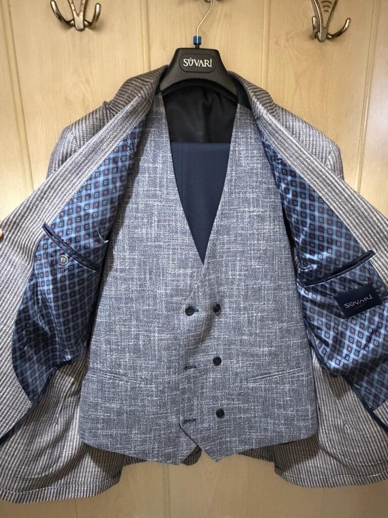 Süvari Gri Desenli Blazer Ceket Yelekli Takım - 4