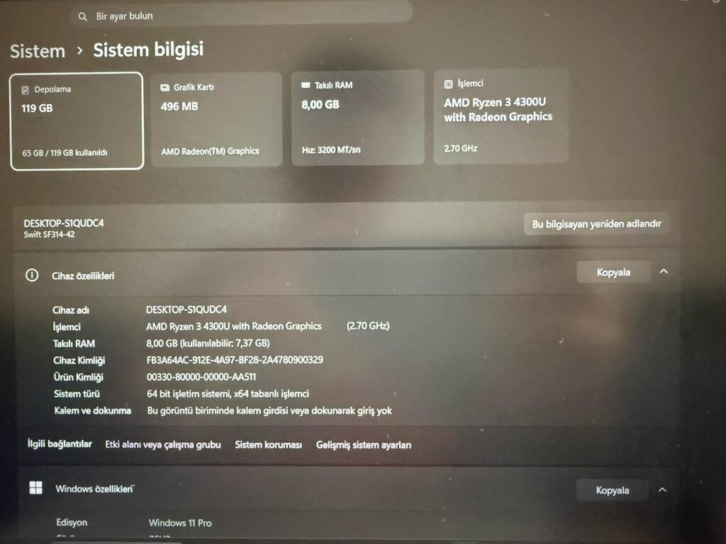 Acer Swift SF314-42 Laptop Dizüstü Bilgisayar -Sorunsuz- TYPE-C şarj - 7