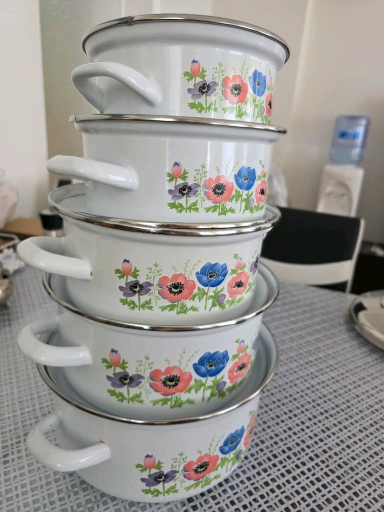 Yuvam Marka Vintage Çiçek Desenli 5'li Emaye Tencere / Saklama Kabı Se - 8