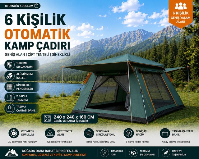6 Kişilik Otomatik Açılır Kamp Çift Tenteli Sineklikli Çadırı