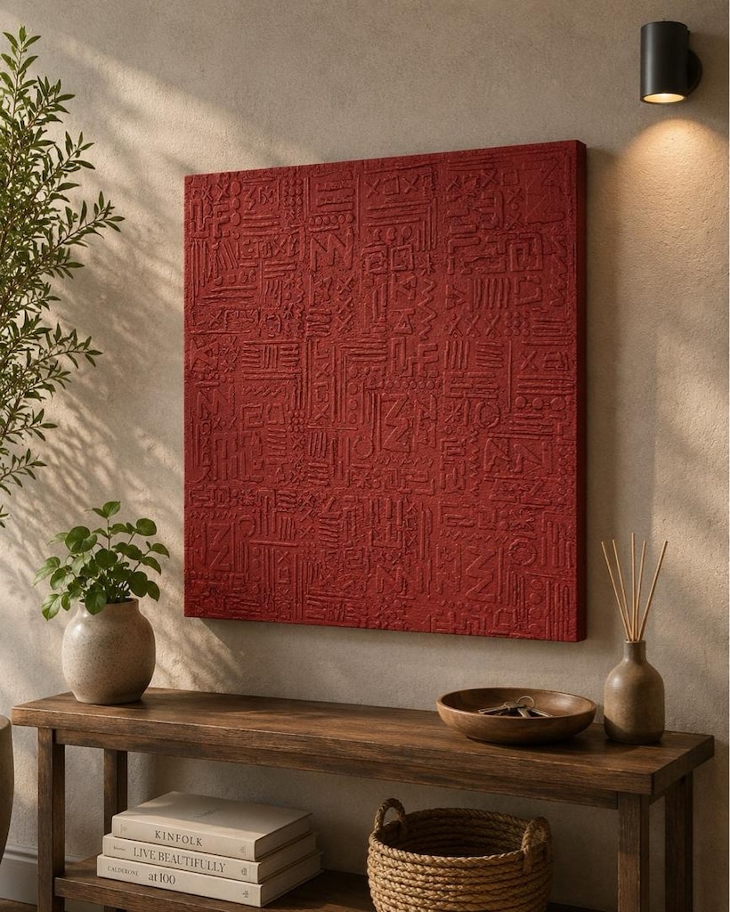 tablo el işçiliği dokulu kabartmalı kırmızı tablo 80x100 - 4