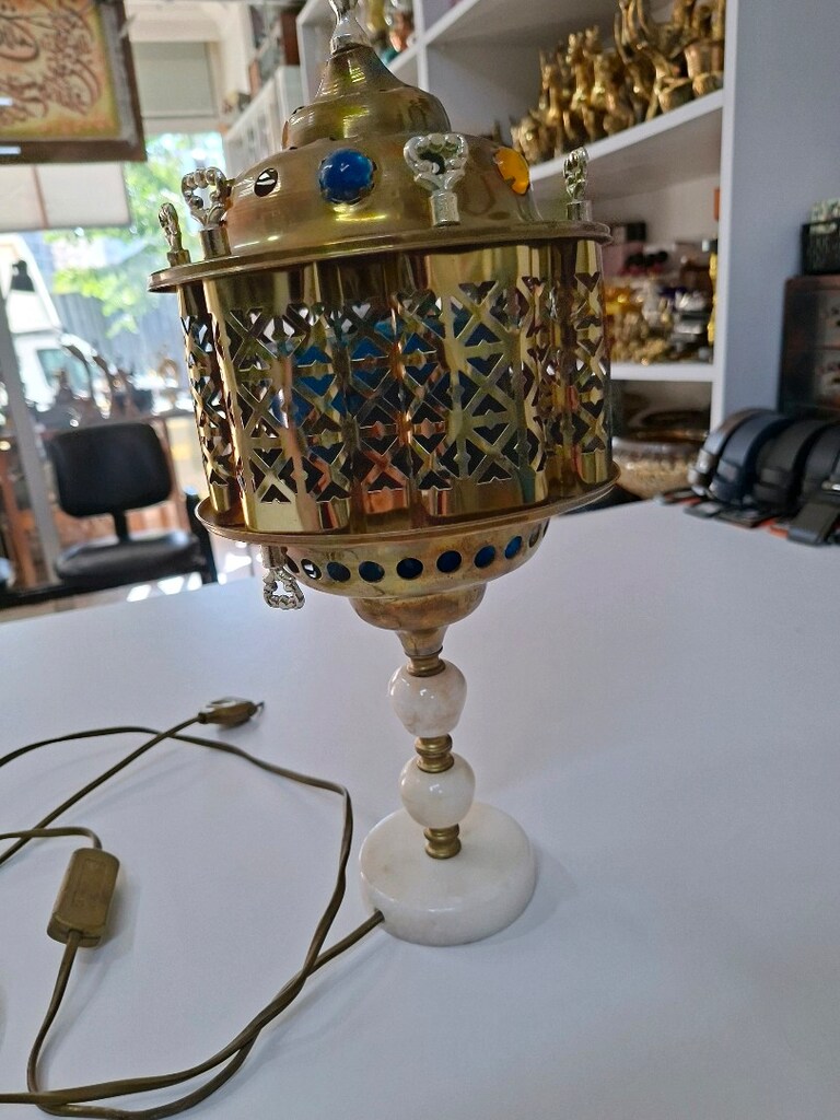 Vintage Muazzam Pirinç ve mermer Tasarım Gece Lambası Abajur - 4