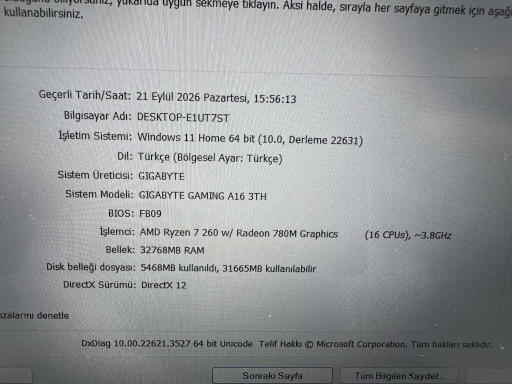 GİGABYTE RYZEN 7 260W İŞLEMCİ 32 GB RAM 1 TB NVME RTX 5050 - 7