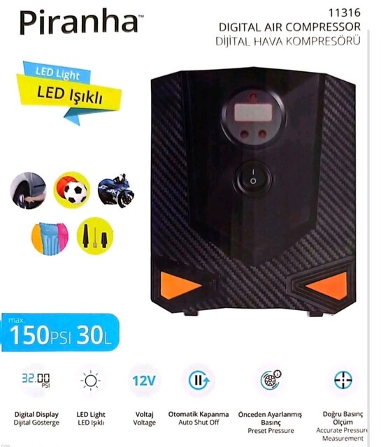 Piranha LED ışıklı dijital hava kompresörü. 11316. Sıfır kutusunda