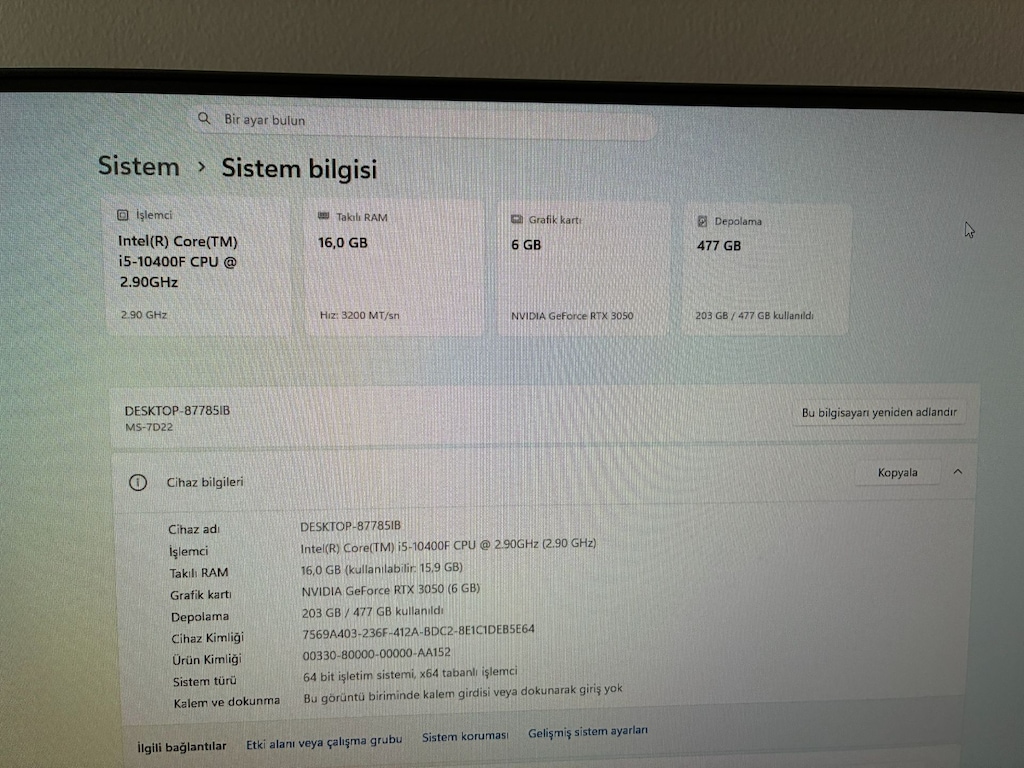YÜKSEK PERFORMANSLI OYUNCU PC / RTX 3050 / i5-10400F / 16 GB RAM - 2