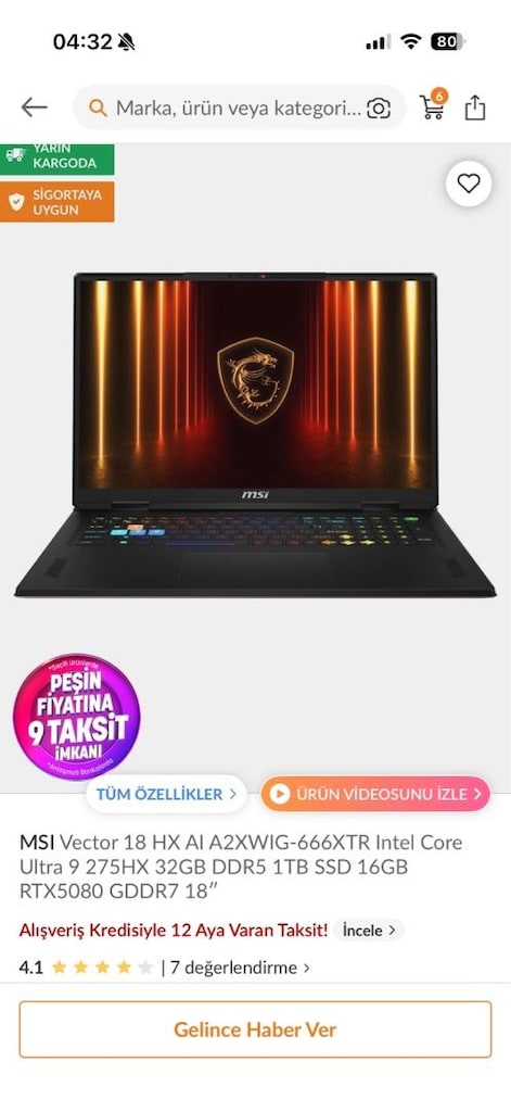MSI VECTOR 18 HX / CORE ULTRA 9 275HX / RTX 5080 / 18 240Hz TR GARANTİ - 2