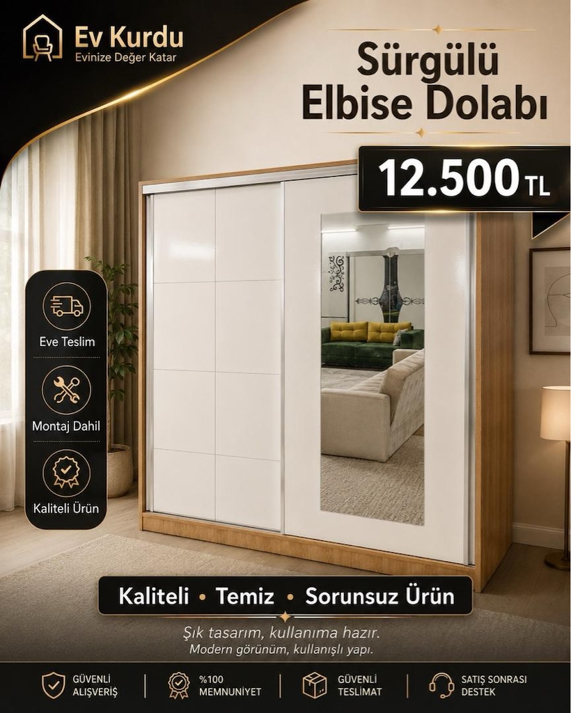 ELBİSE DOLABI SÜRGÜLÜ DOLAP KULLANIŞLI ŞIK TASARIM UYGUN FİYAT