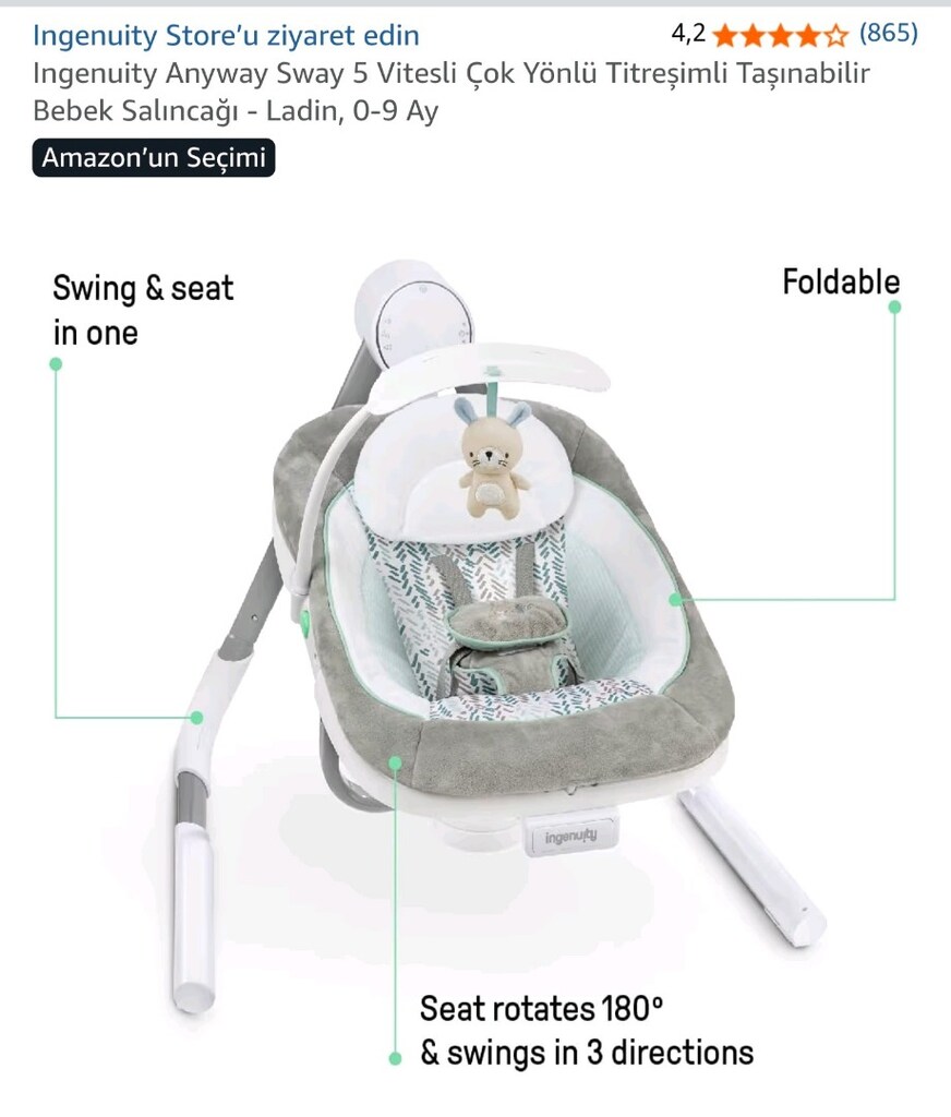 Ingenuity Anyway Sway 5 Vitesli Taşınabilir Bebek Salıncağı - Ladin - 2