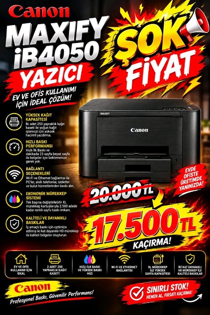 CANON MAXIFY İB4050 SIFIR KUTUSUNDA.500 KAĞIT KAPASİTELİ,XL KARTUŞ.