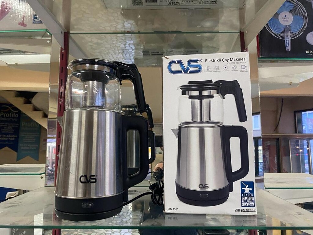 SIFIR. CVS ÇAY MAKİNESİ.CAM DEMLİK 1.2 LT PASLANMAZ ÇELİK GÖVDE 1.8 LT - 4