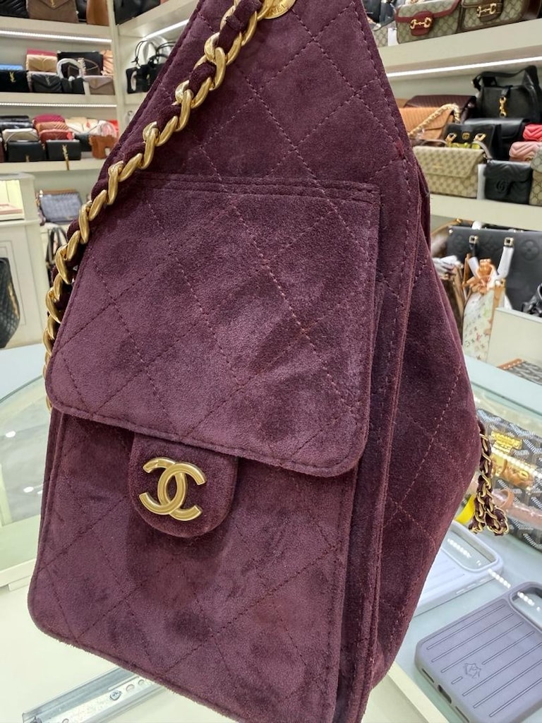 Chanel Kapitone Süet Zincirli Omuz Çanta - 5