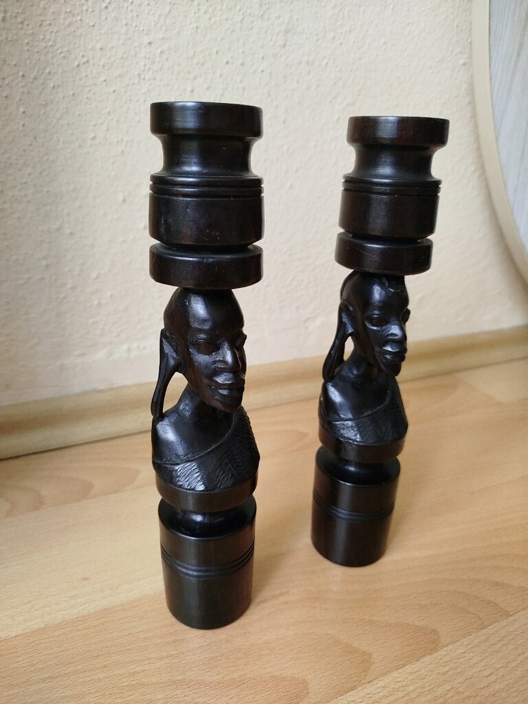 Antika El yapımı Ahşap Mumluk boy 25 cm Afrika'dan alındı iki adet - 10