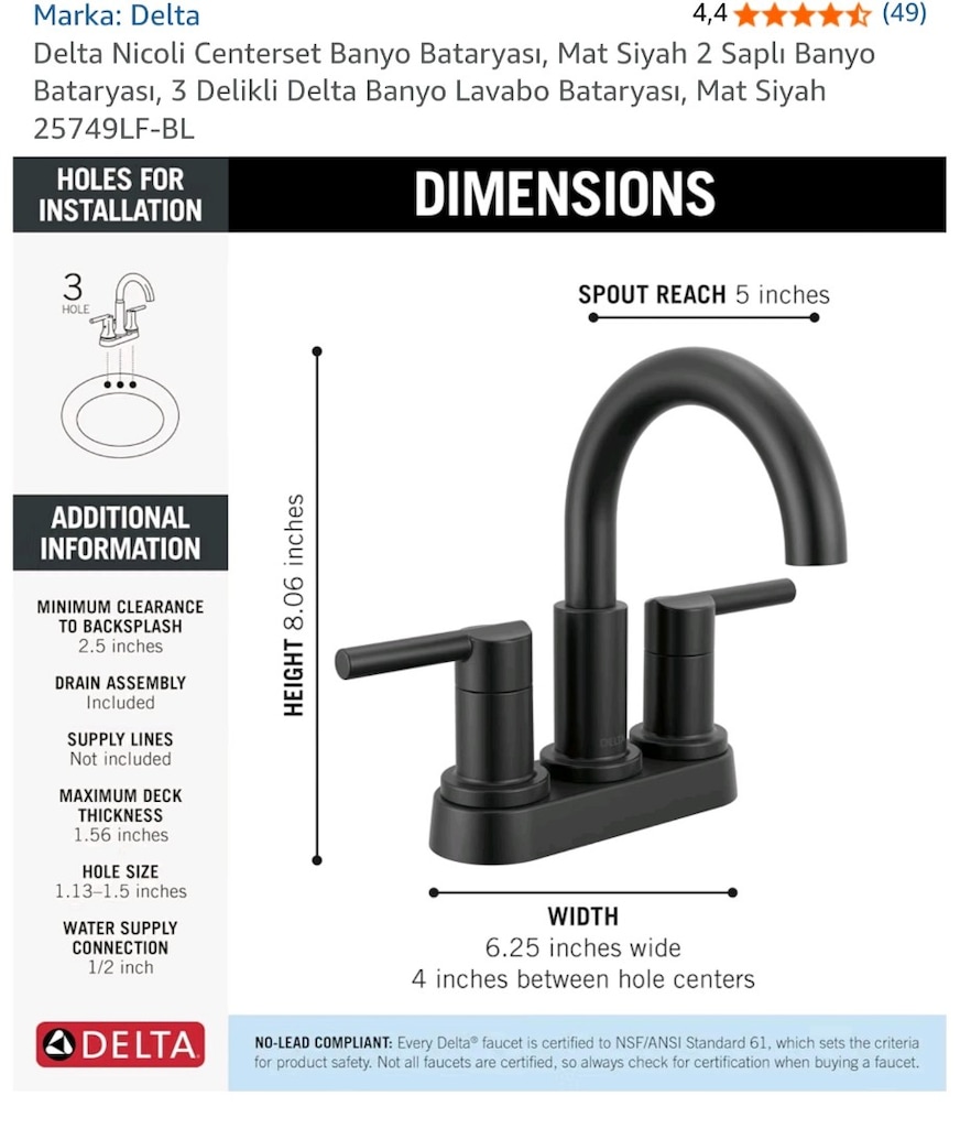 Delta Nicoli 25749LF-BL Mat Siyah Lavabo Bataryası (ABD Markası) - 6