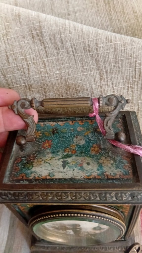 1800s Fransız bronz seyahat saati üzeri komple mineli el boyama - 4
